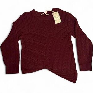 NWT Chelsea & Violet Chunky Cable Knit Asymmetrical Sweater in Burgundy Red